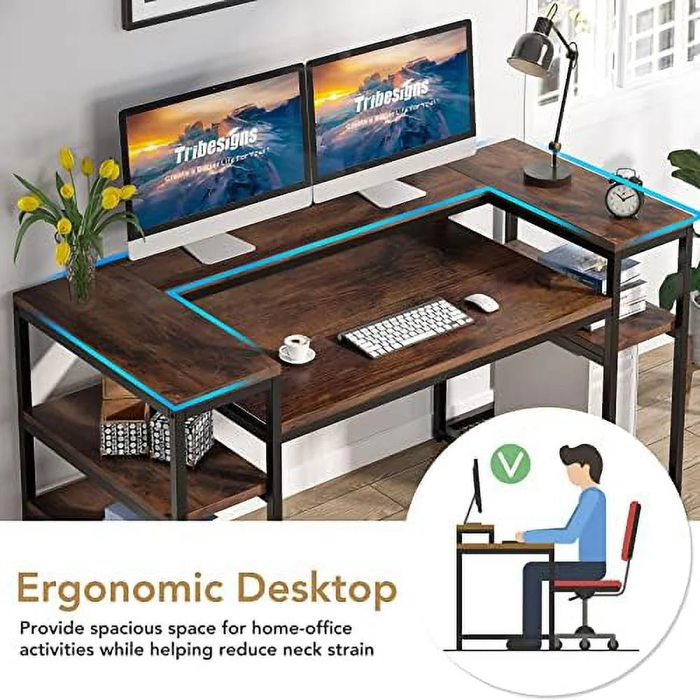 Brown Computer Desk with Monitor Shelf and CPU Stand C19433