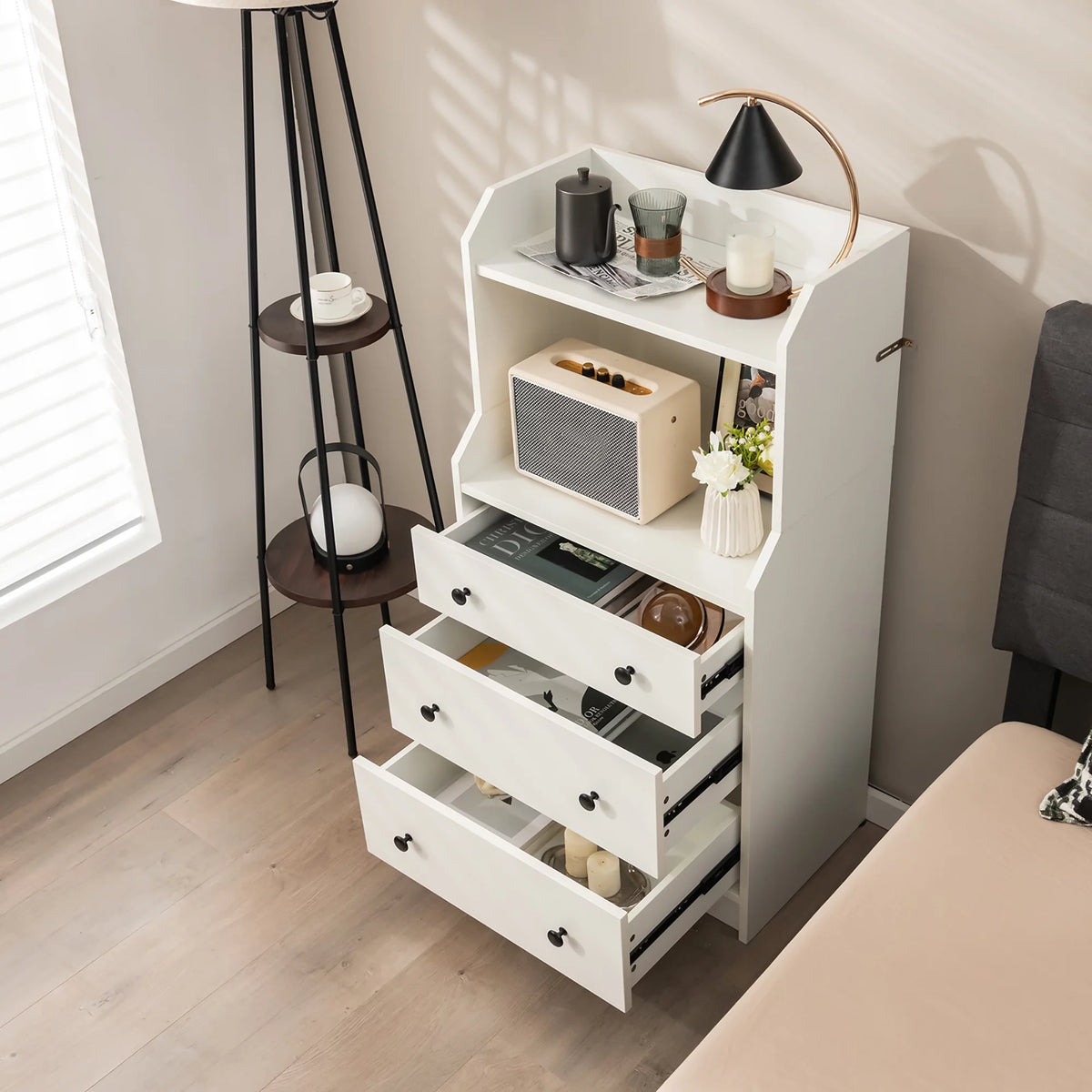 White 3 Drawer Wood Dresser with 2 Open Shelves B952