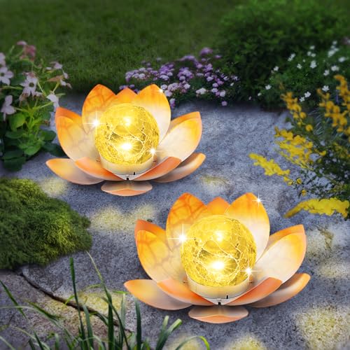 Solar Light Outdoor 2Pack Amber Crackle Glass Metal LED Flower Decoration L726