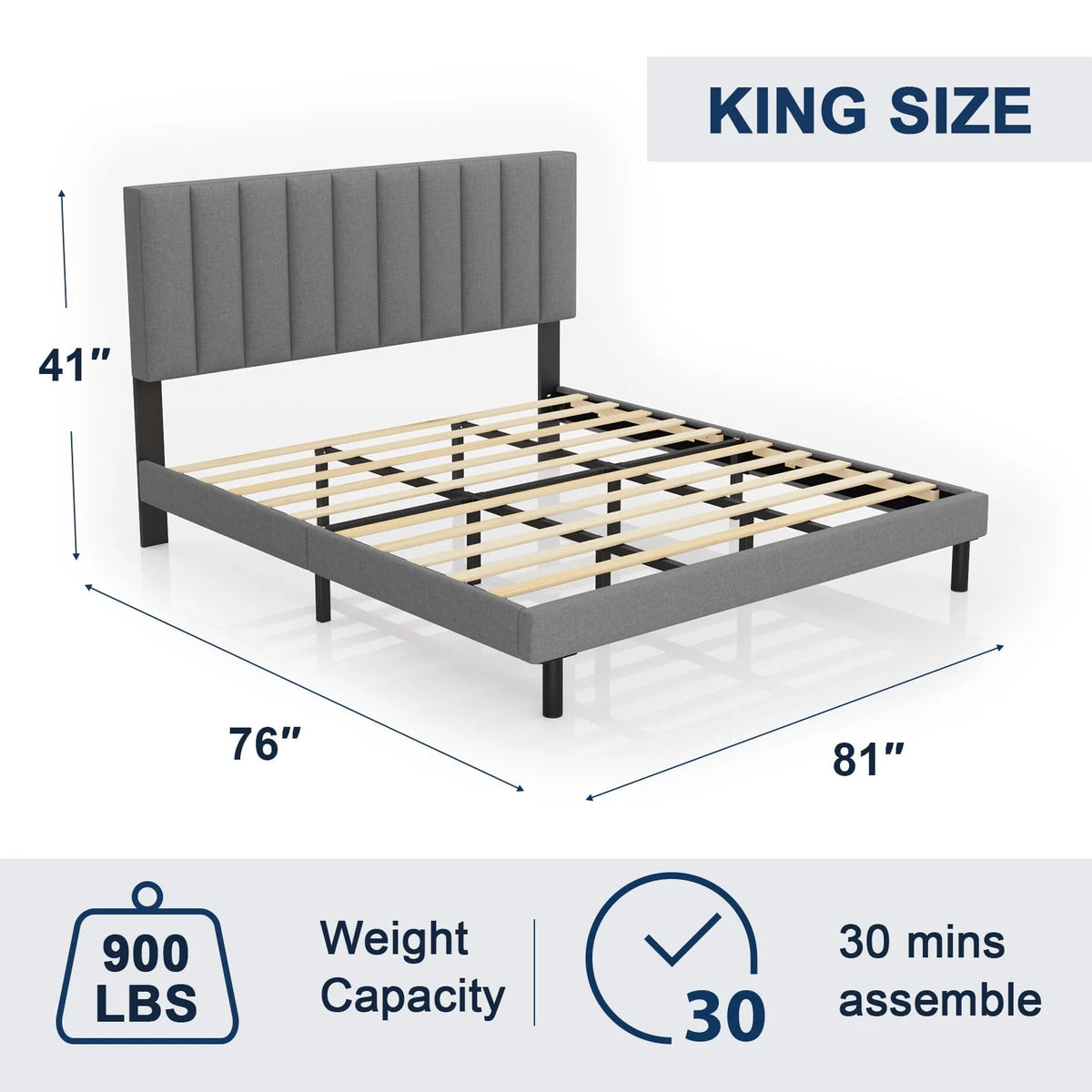 Full Platform Bed Frame with Upholstered Headboard, Beige T842126