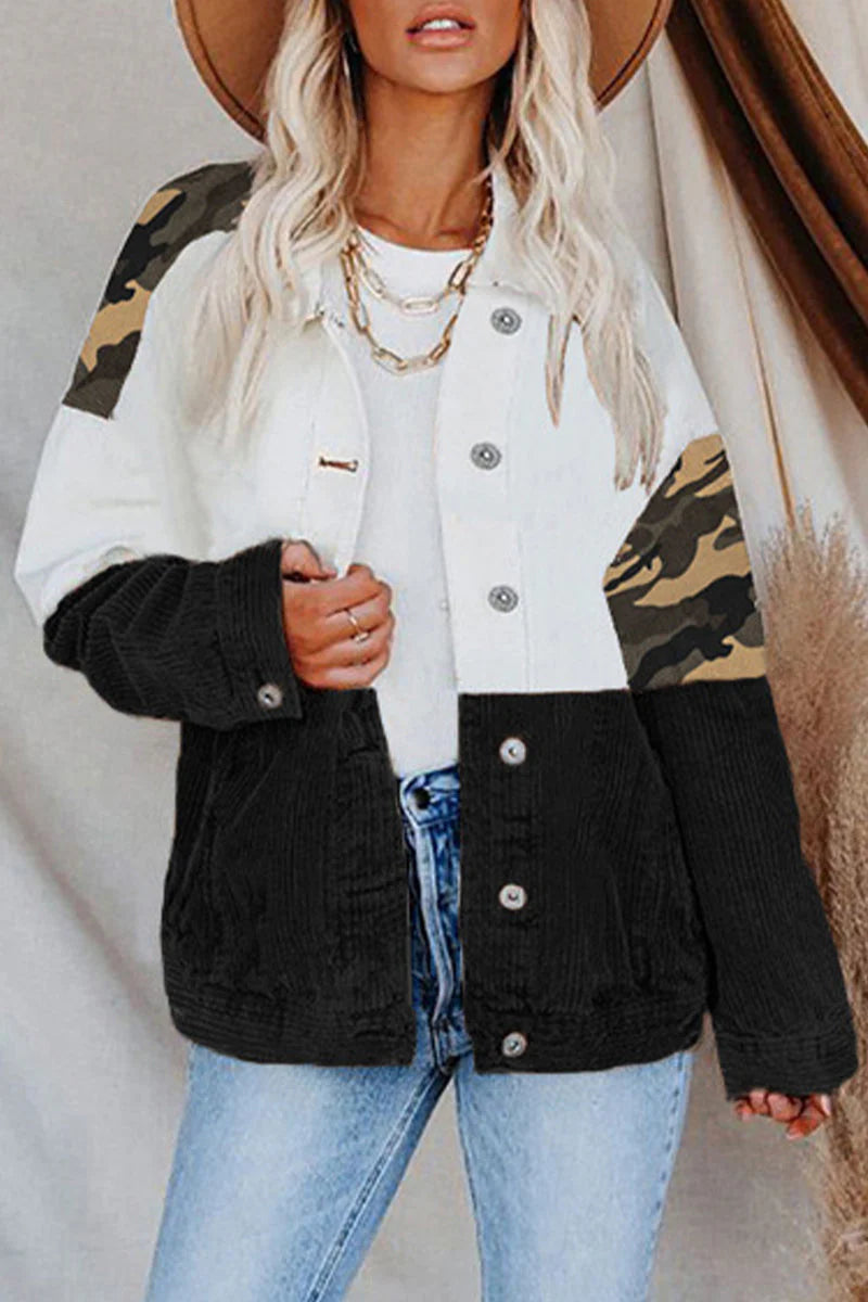 Camouflage Print Tassel Buckle Turndown Collar Outerwear O63537