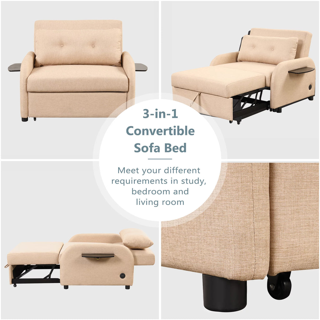 Beige 3 in 1 Pull Out Sofa Sleeper with 2 Wing Table and USB Charge O5807
