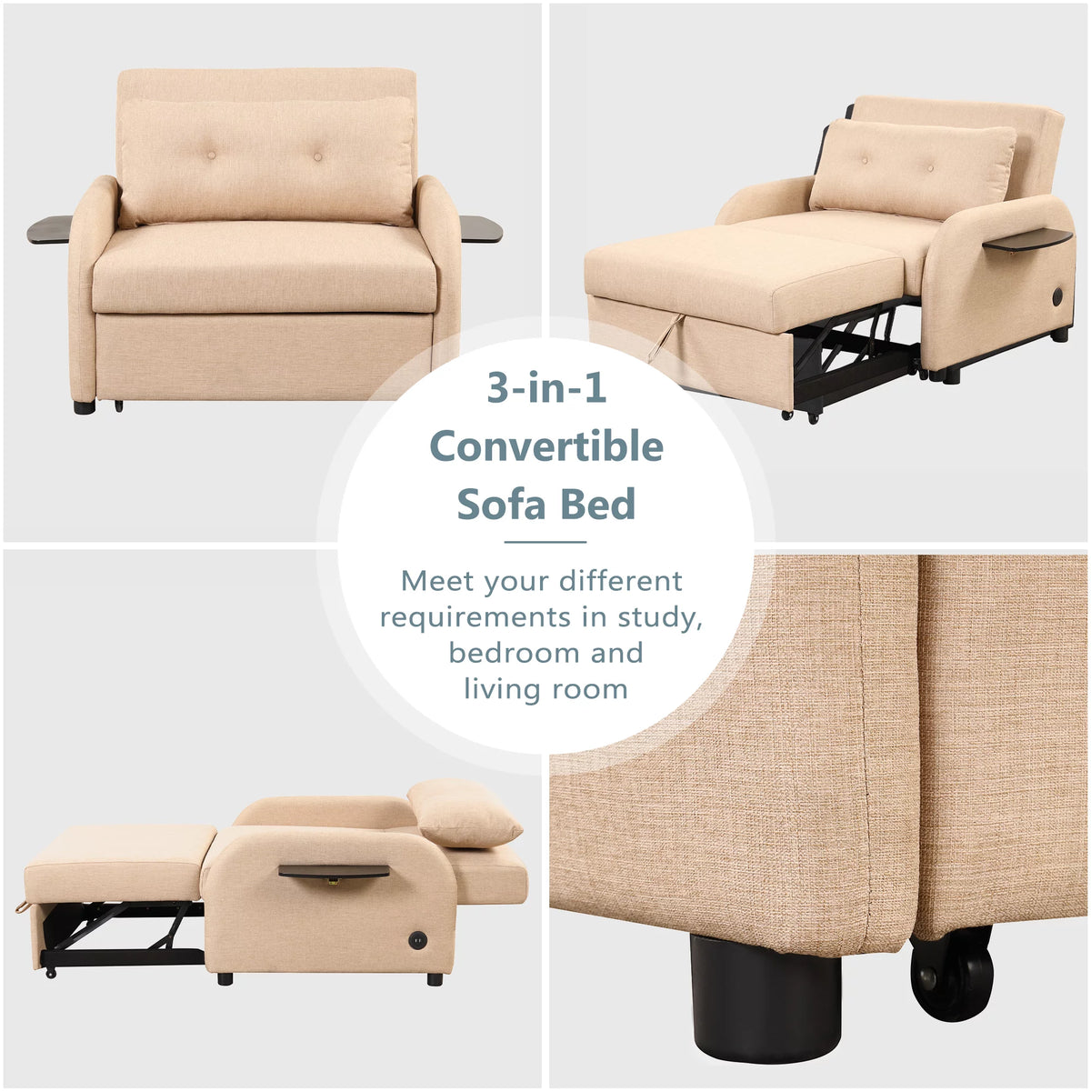 Beige 3 in 1 Pull Out Sofa Sleeper with 2 Wing Table and USB Charge O5807