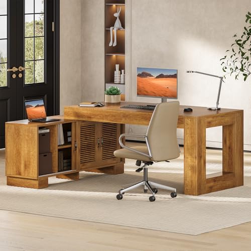 63" L Shaped Wooden Executive Desk with Storage C140