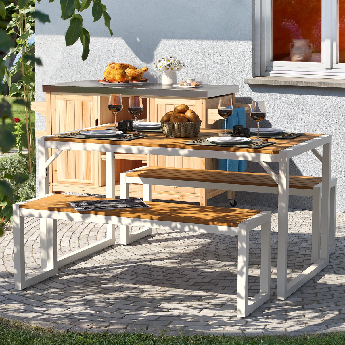 3 Pieces Patio Dining Table and Bench H910303