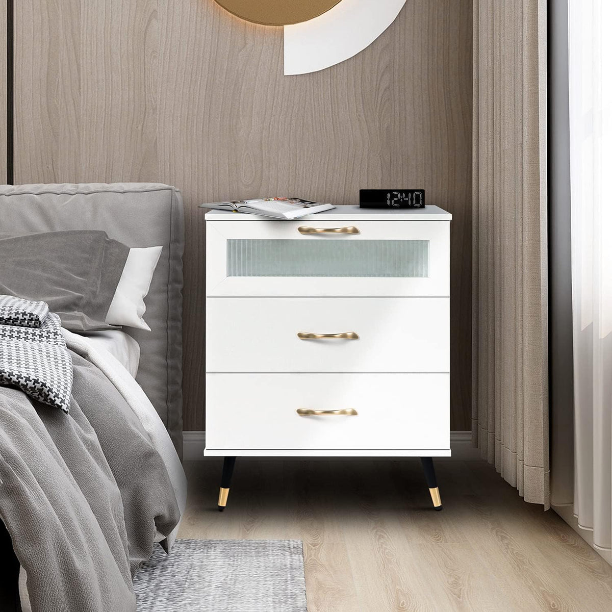 White 3 Drawer Wooden End Side Table Nightstand J99853