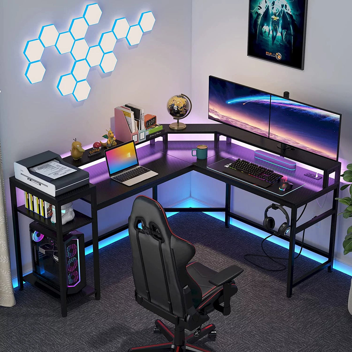 Black L-Shaped Gaming Desk with LED Strips L4134