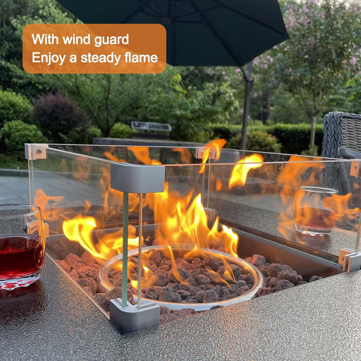 50000BTU Metal Propane Fire Pit Table with Glass Wind Guard and Lava Stone W478