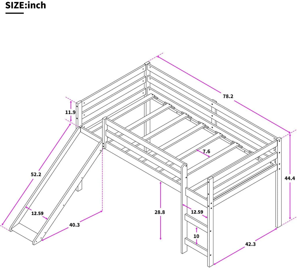 White Twin Size Wood Loft Bed with Slide and Ladder P7468