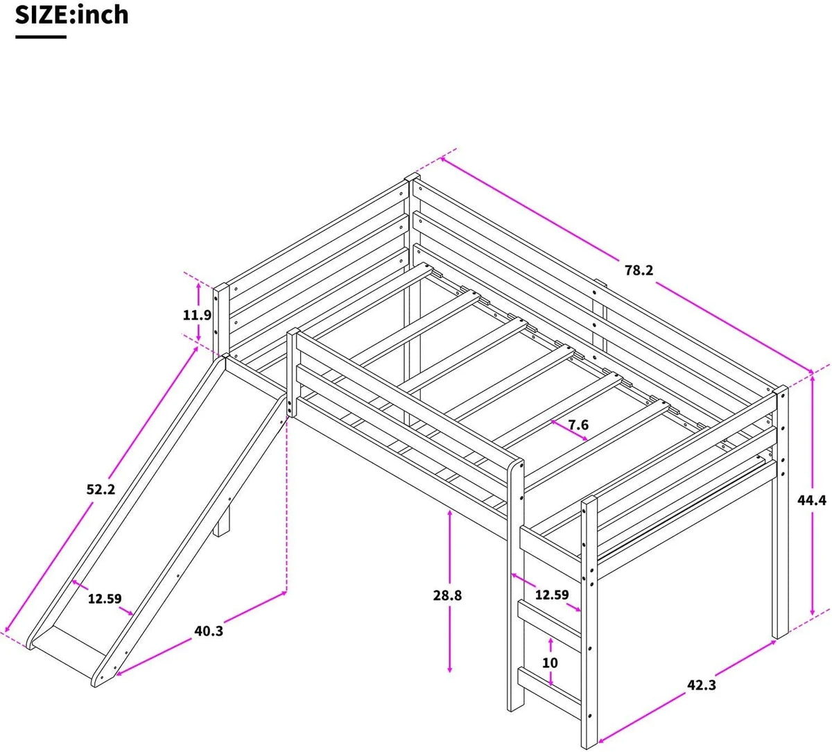 White Twin Size Wood Loft Bed with Slide and Ladder P7468