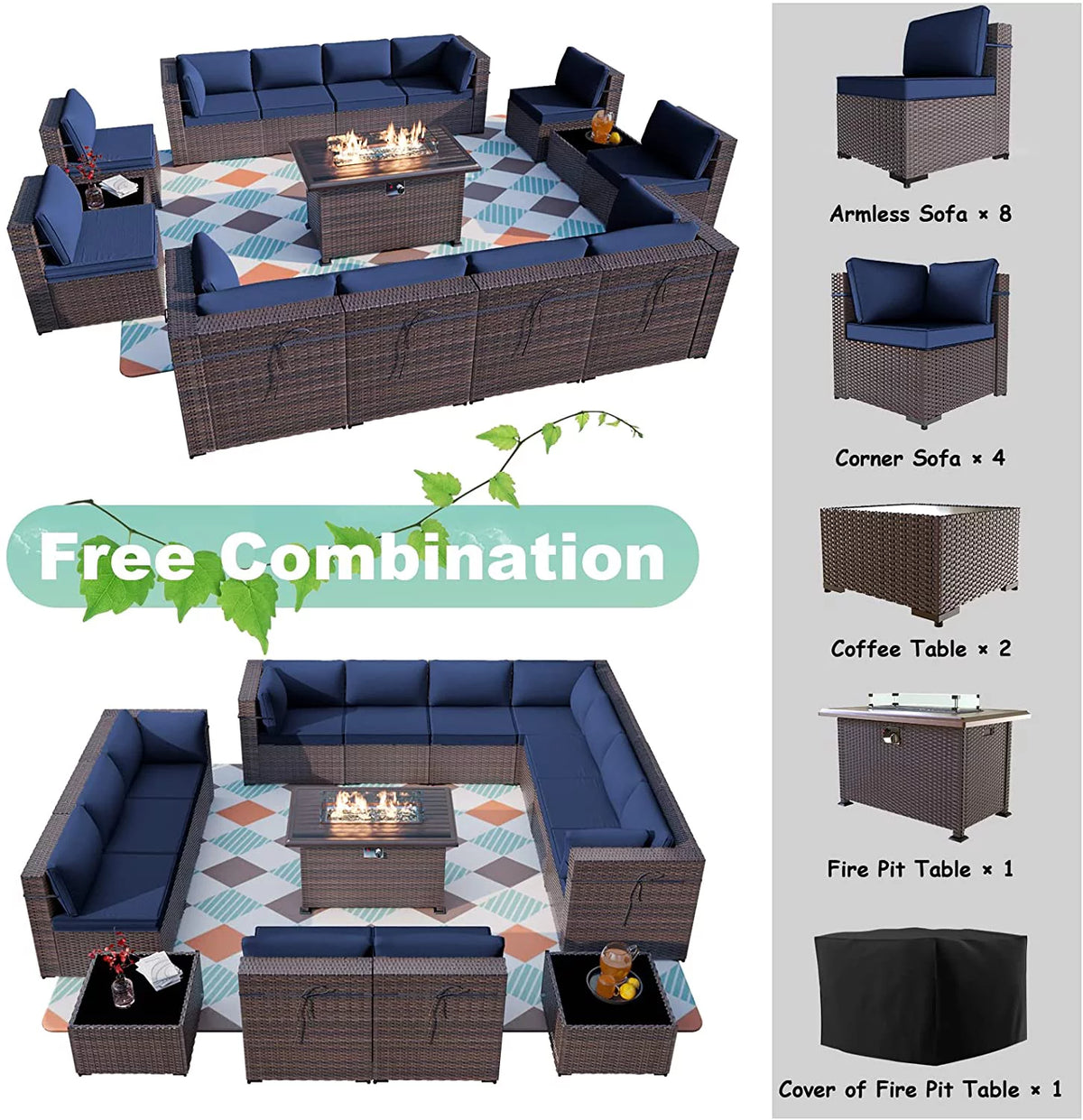 15 Pieces Outdoor Patio Furniture Set with Propane Fire Pit Table Navy Blue P7385