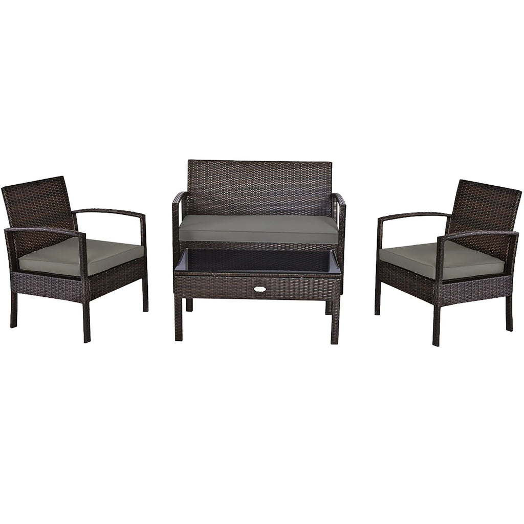 4 Pc Outdoor Patio Rattan Furniture Set Cushioned Sofa Coffee Table O686