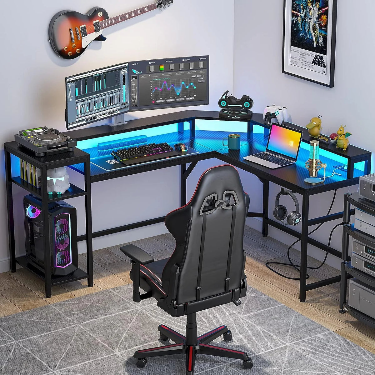 Black L-Shaped Gaming Desk with LED Strips L4134