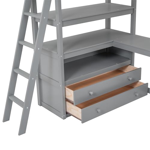 Twin Size White Solid Wood Loft Bed with Wardrobe, Desk and Shelves D202