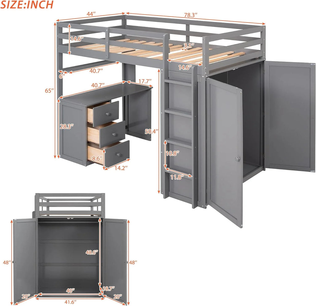 Solid Wood Loft Bed with Desk Wardrobe Storage Drawers A9358