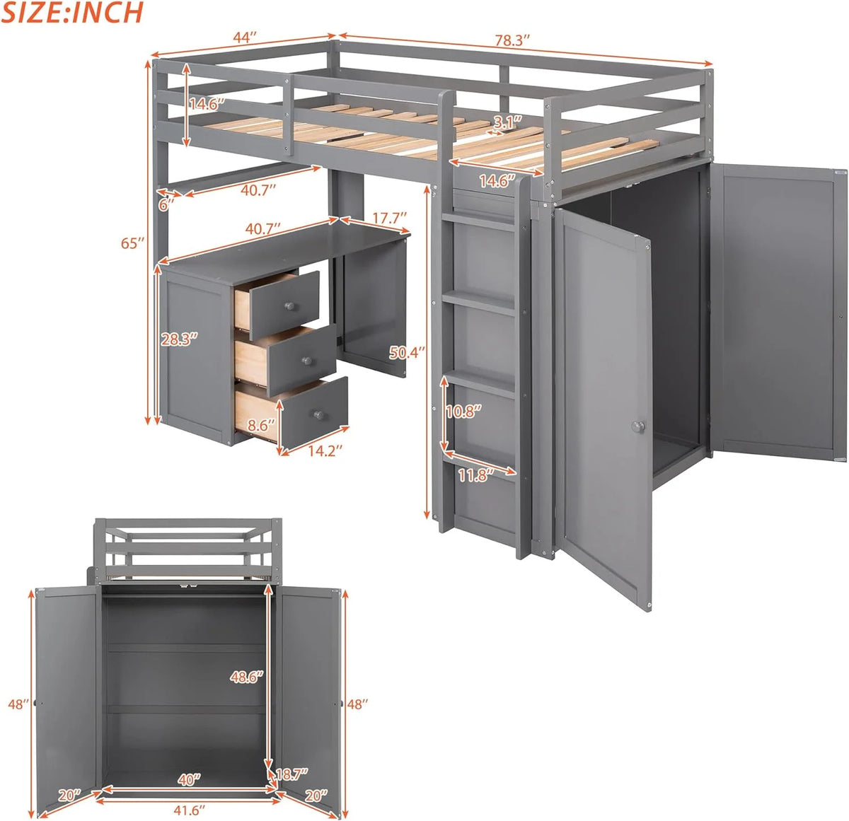Solid Wood Loft Bed with Desk Wardrobe Storage Drawers A9358