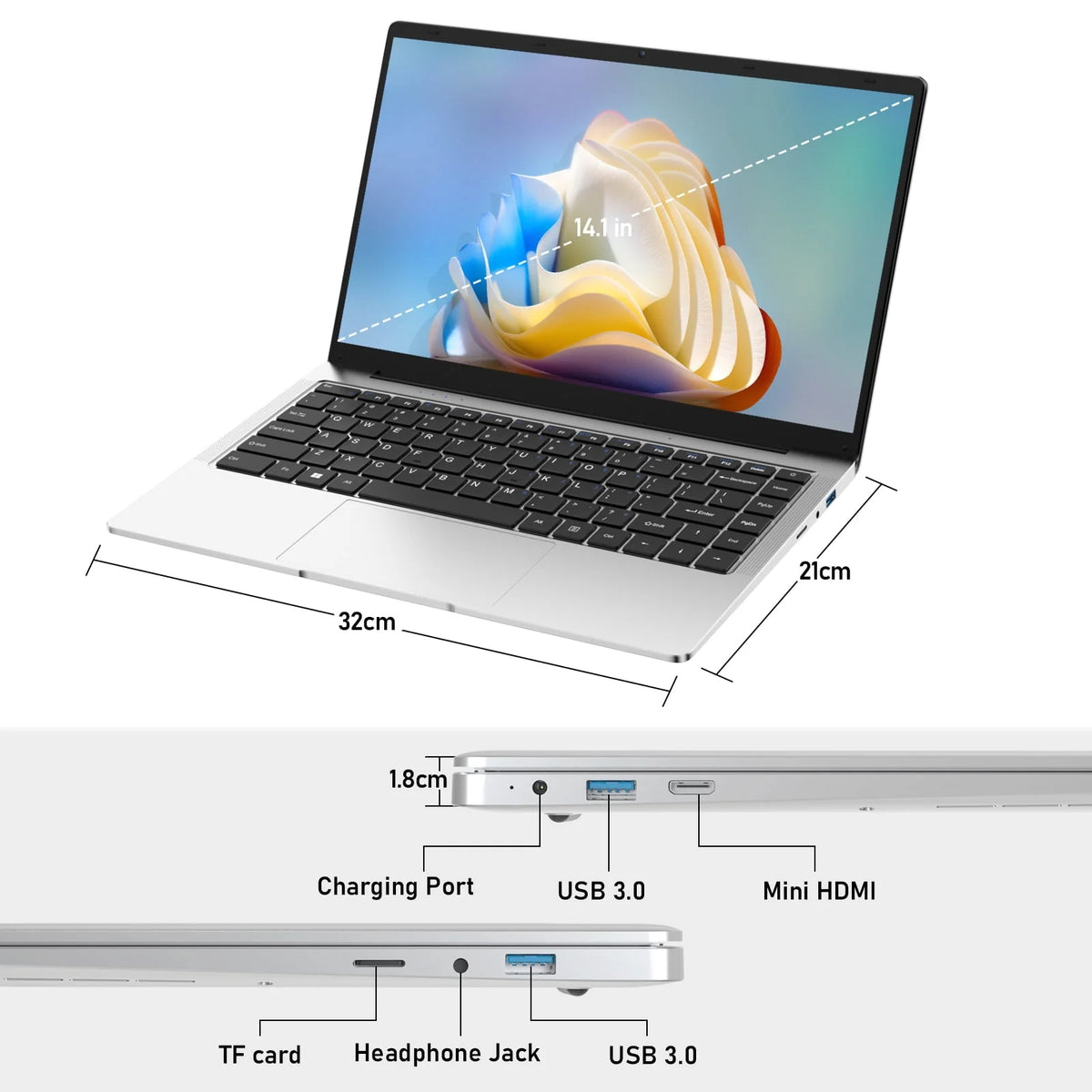 14.1 Laptop Intel Celeron J4125 8GB RAM 256GB SSD Silver O950