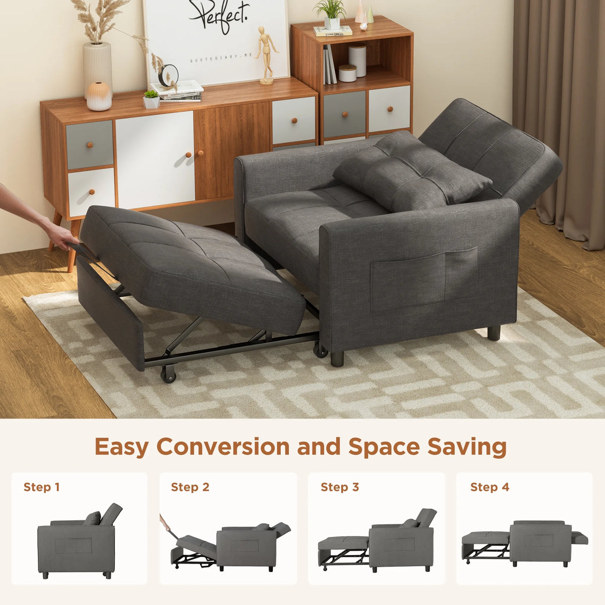 Grey 3 in 1 Convertible Sofa Bed Chair Z5536