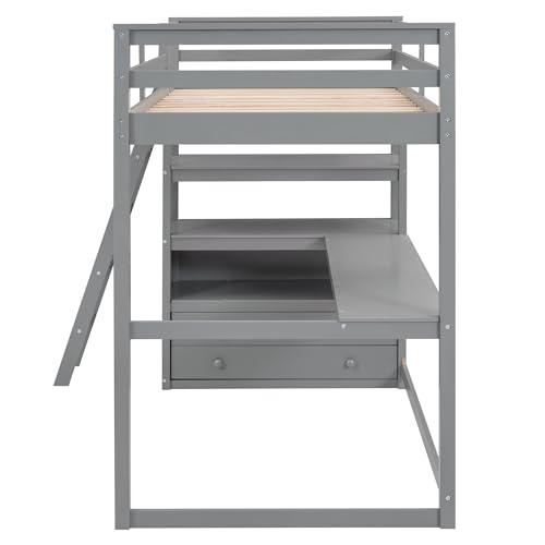 Twin Size White Solid Wood Loft Bed with Wardrobe, Desk and Shelves D202