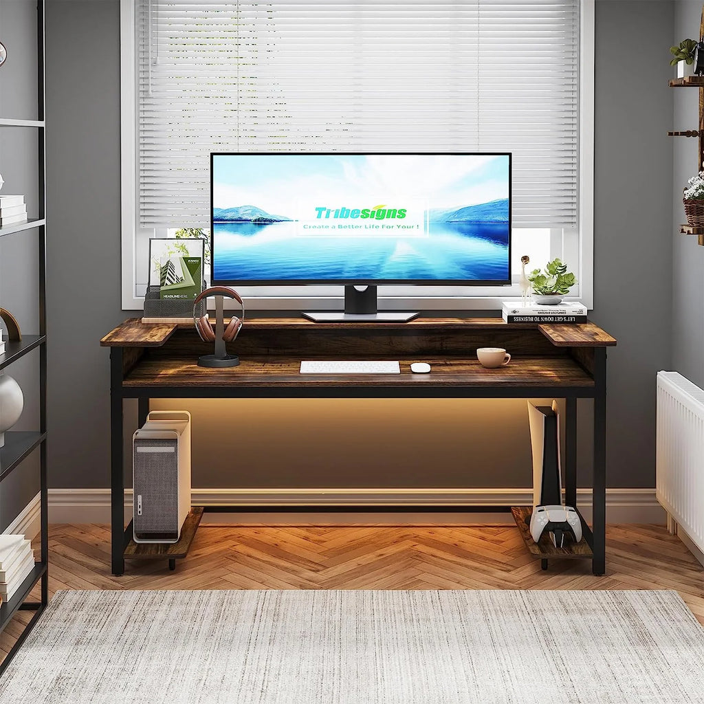 Black Rustic Brown Computer Desk with Monitor Stand W4477