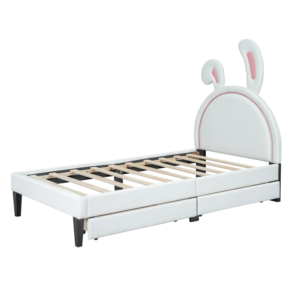White Twin Size Upholstered Leather Platform Bed with 2 Drawers E18332