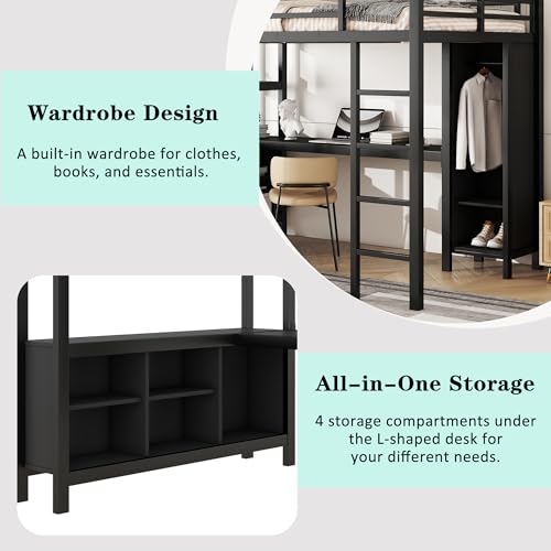 Metal Loft Bed with Wardrobe & L-Shaped Desk, White Queen A238158
