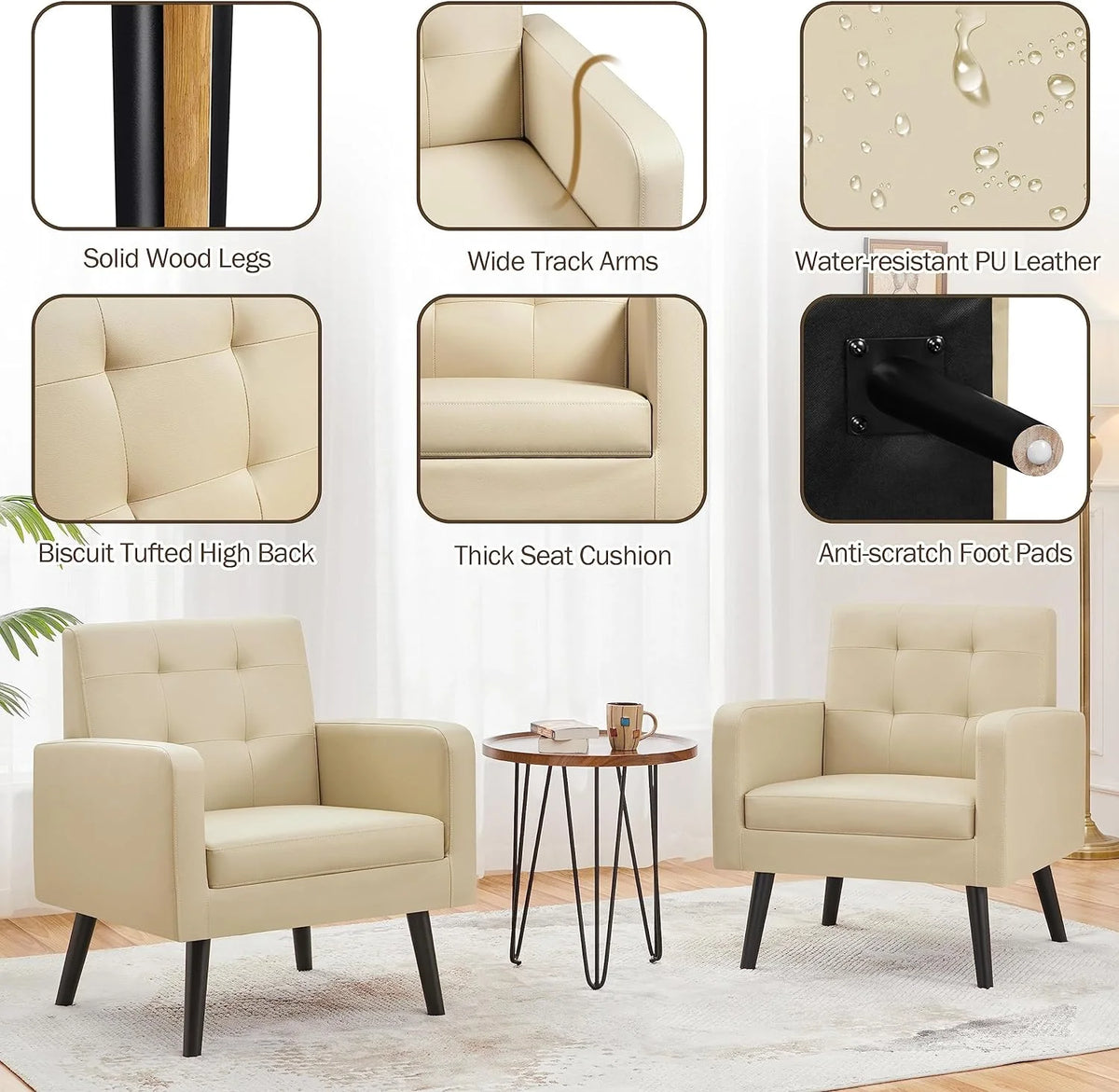Beige PU Leather Tufted Accent Chair with Wood Legs K176