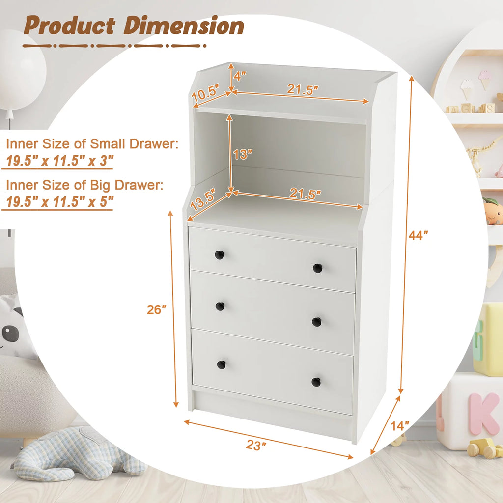 White 3 Drawer Wood Dresser with 2 Open Shelves B952