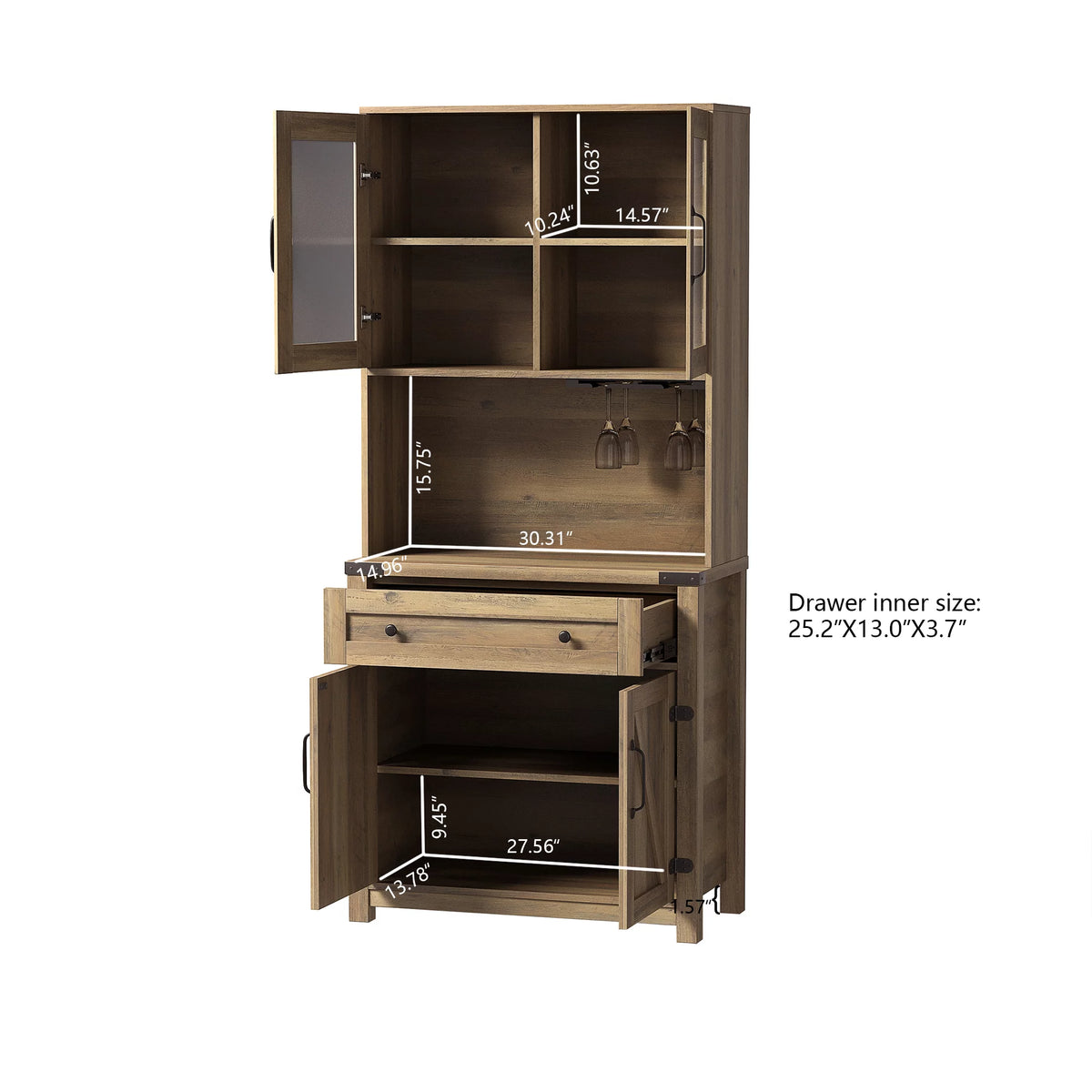 Farmhouse Kitchen Hutch Storage Cabinet with Glass Rack, Drawers, Adjustable Shelves S518334