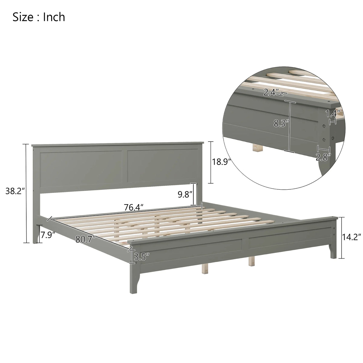 King Size Grey Solid Wood Platform Bed Frame with Headboard X130589
