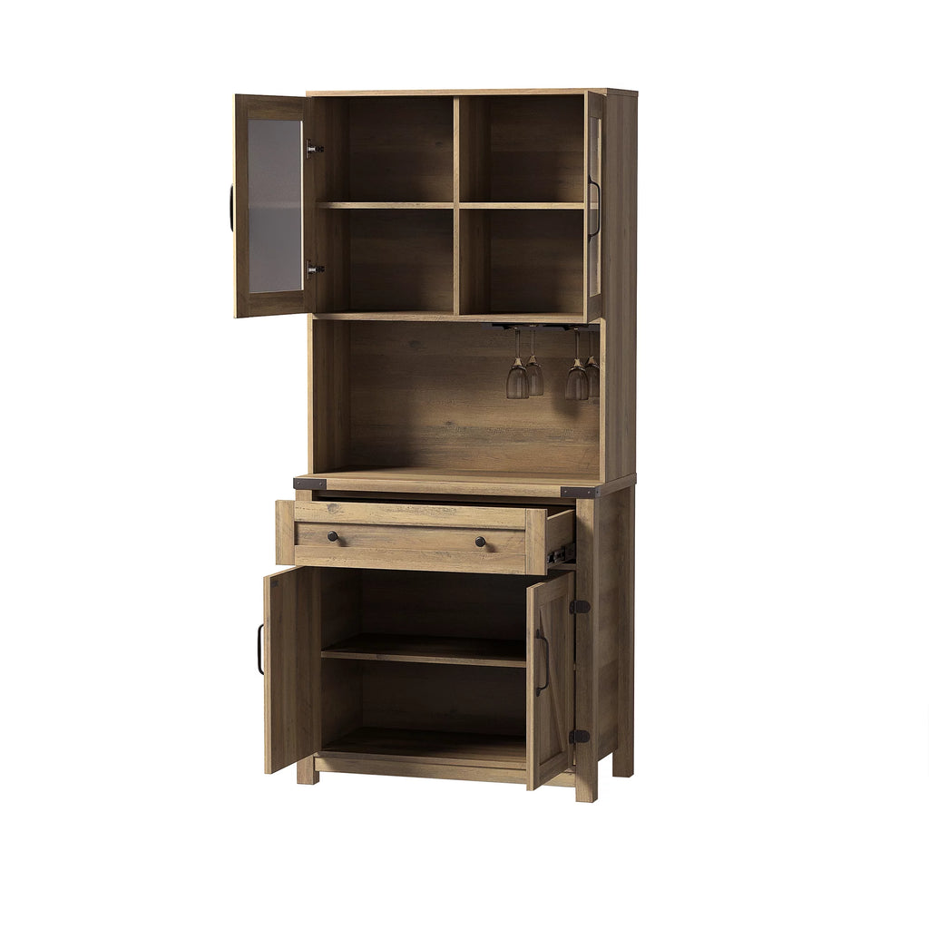 Farmhouse Kitchen Hutch Storage Cabinet with Glass Rack, Drawers, Adjustable Shelves S518334