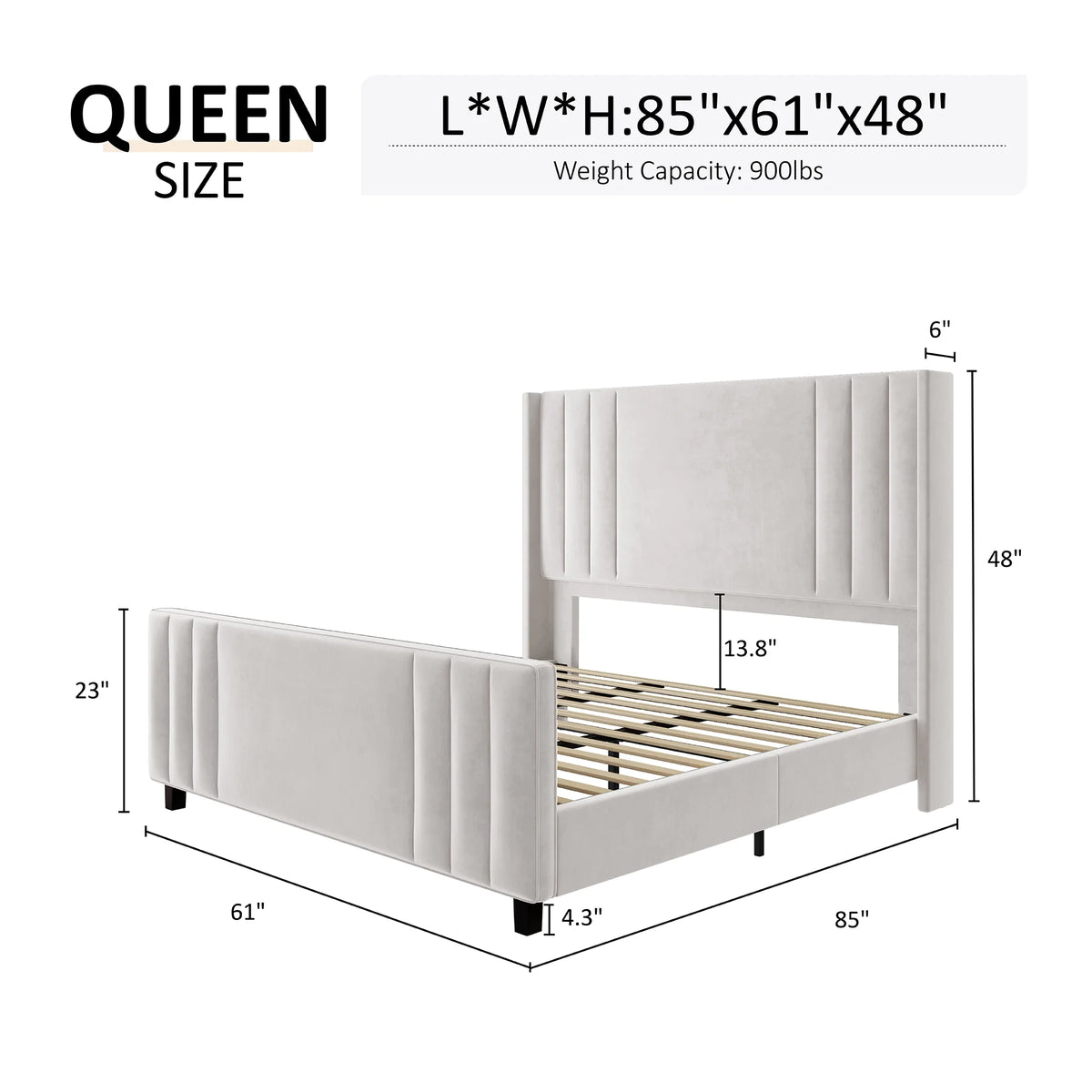 Velvet Upholstered Queen Size Bed Frame with Headboard J742238