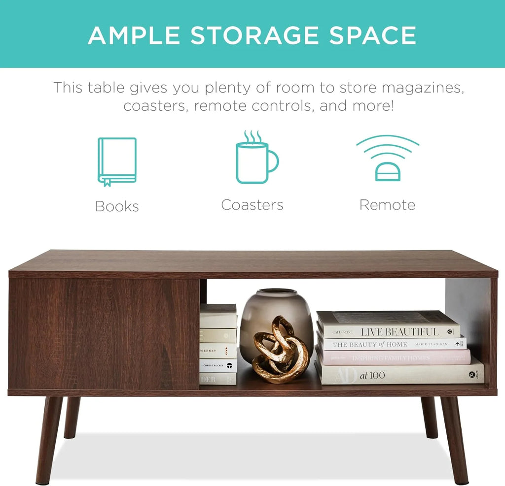 Mid-Century Modern Wooden Coffee Table with Open Storage Shelf B947