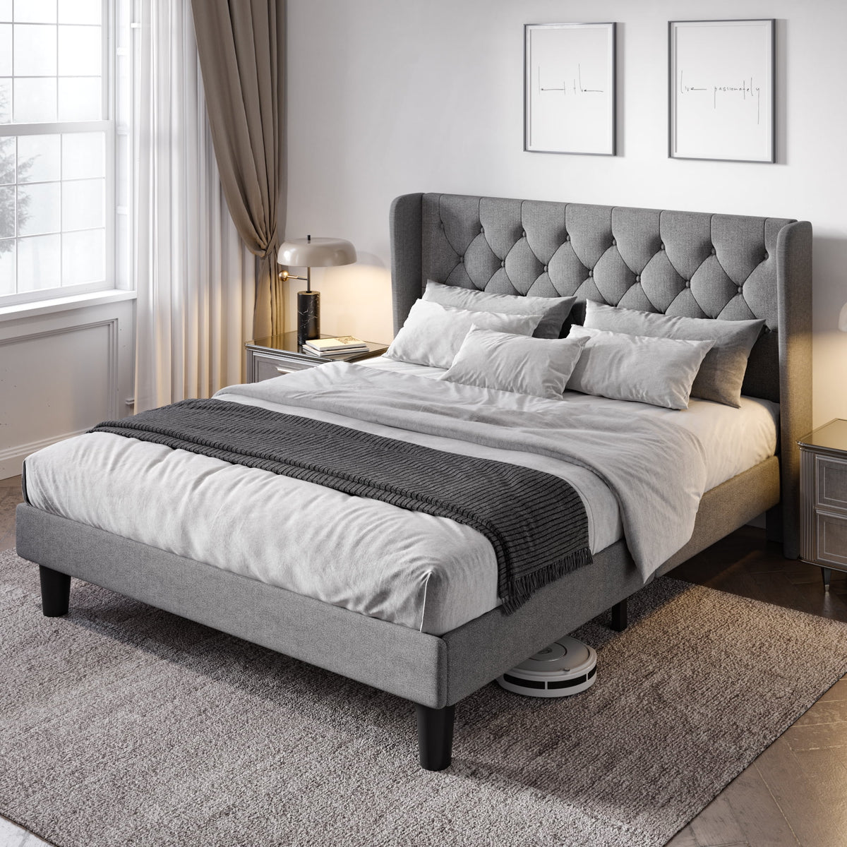 Queen Size Upholstered Platform Bed Frame with Wingback A74651