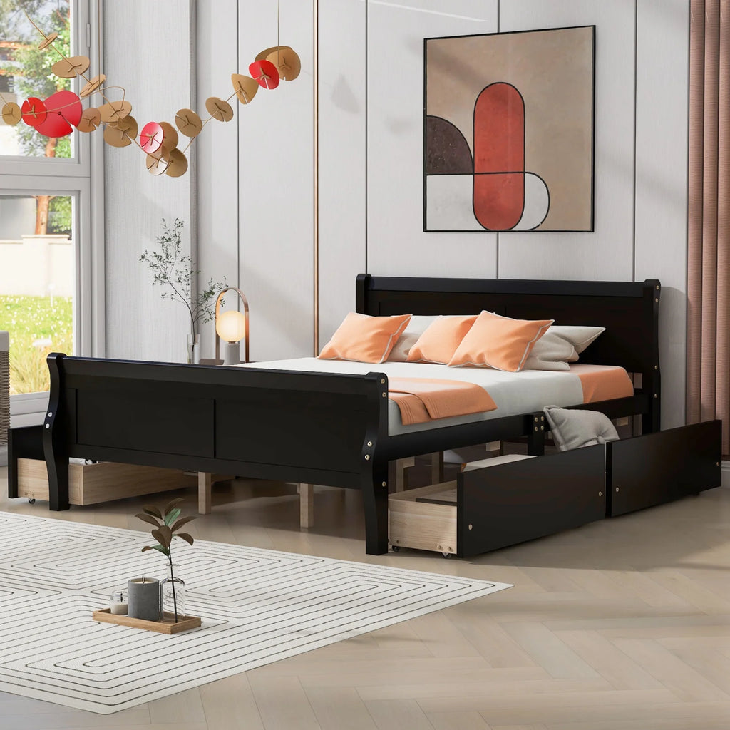Queen Size Wood Platform Bed with 4 Drawers H12667
