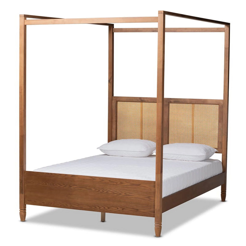 Brown Finished Wood Queen Size Canopy Bed D196