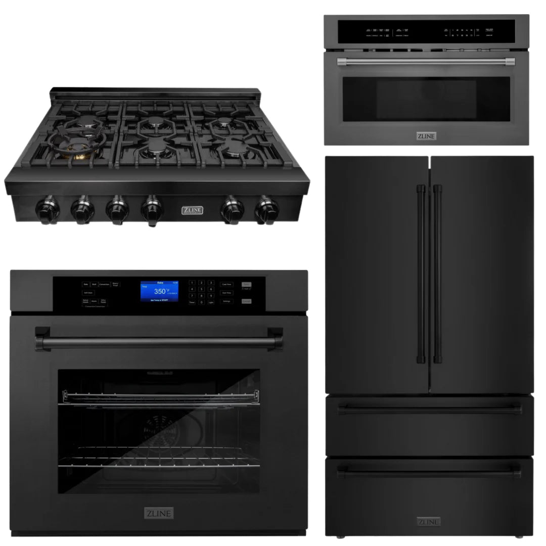 4-Piece Black Stainless Steel Appliance Package with 36 In. Rangetop, Wall Oven, Refrigerator, and Microwave Oven Z1984