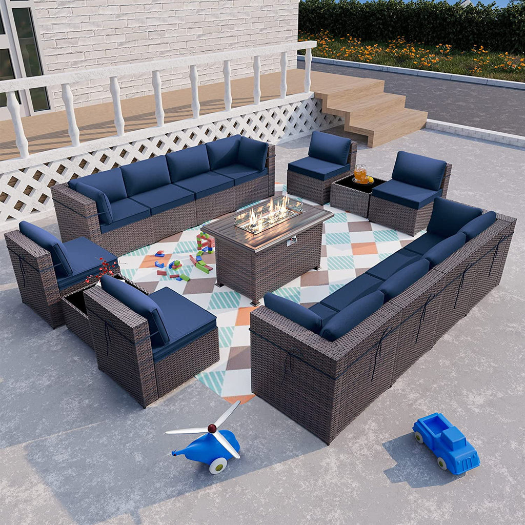 15 Pieces Outdoor Patio Furniture Set with Propane Fire Pit Table Navy Blue P7385