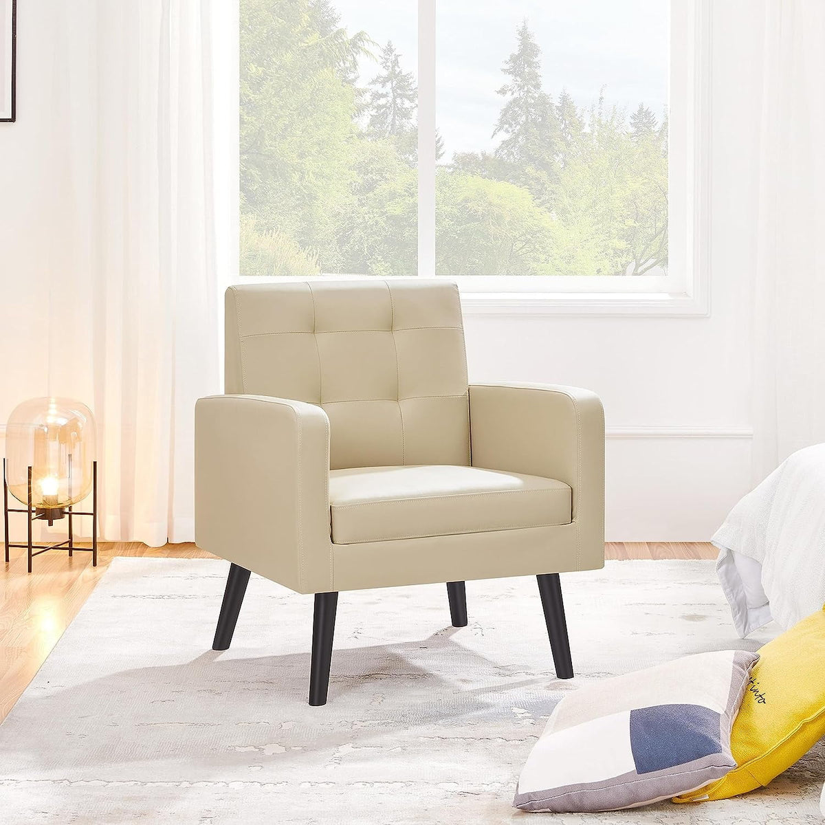 Beige PU Leather Tufted Accent Chair with Wood Legs K176