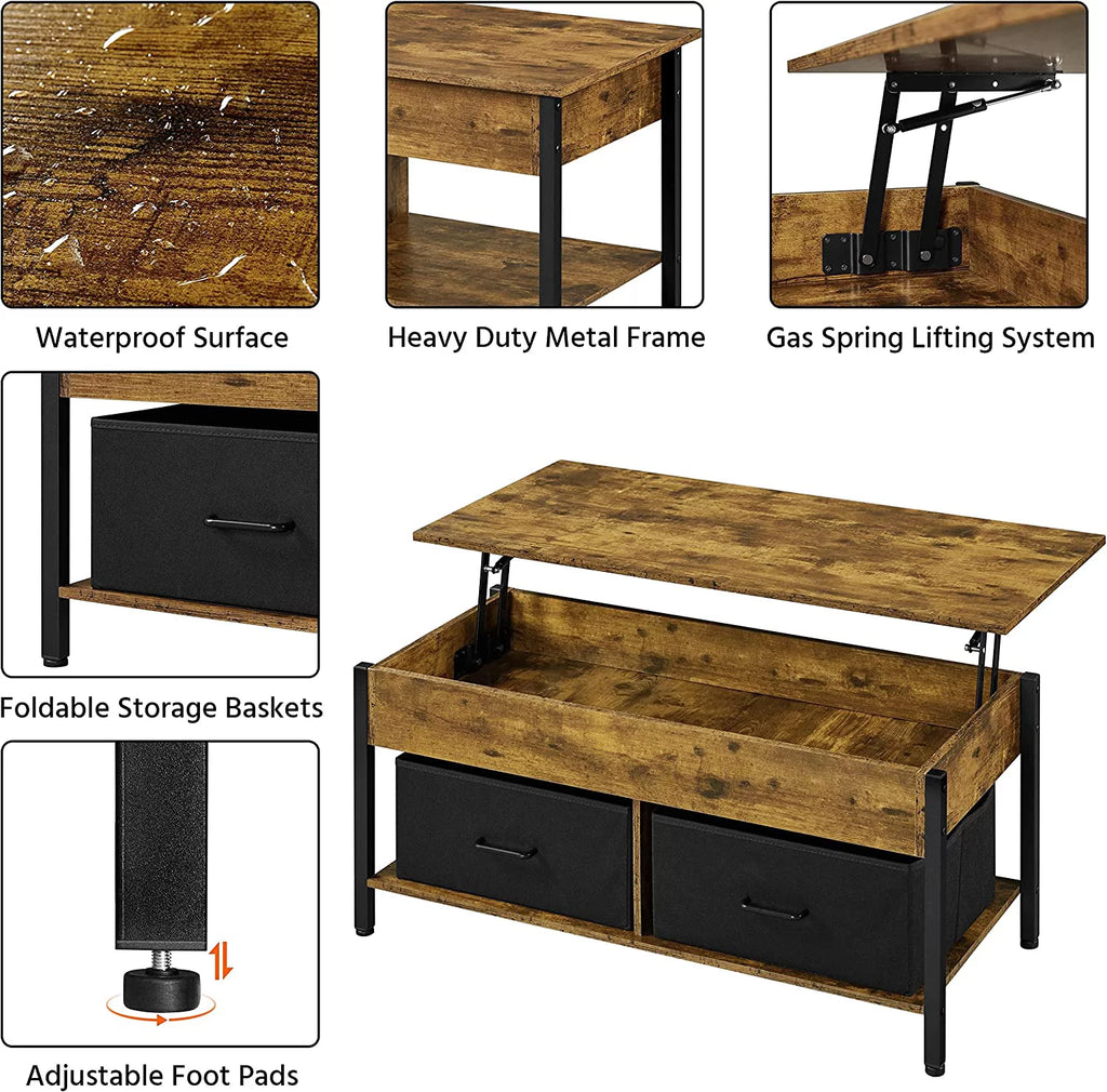 Lift Top Coffee Table with Hidden Storage and 2 Fabric Baskets U5435