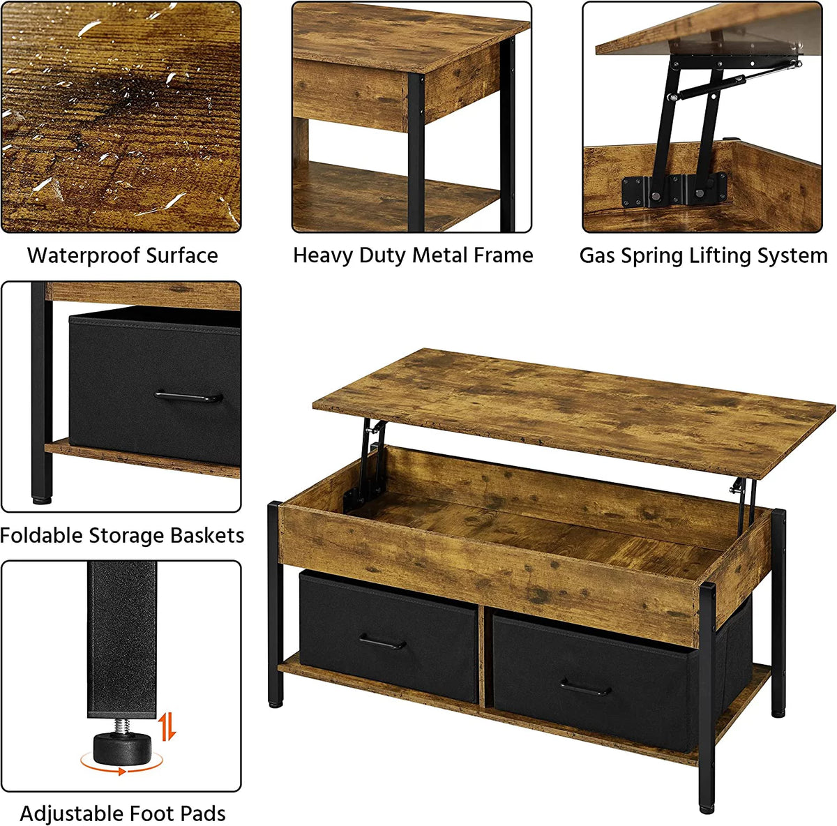 Lift Top Coffee Table with Hidden Storage and 2 Fabric Baskets U5435