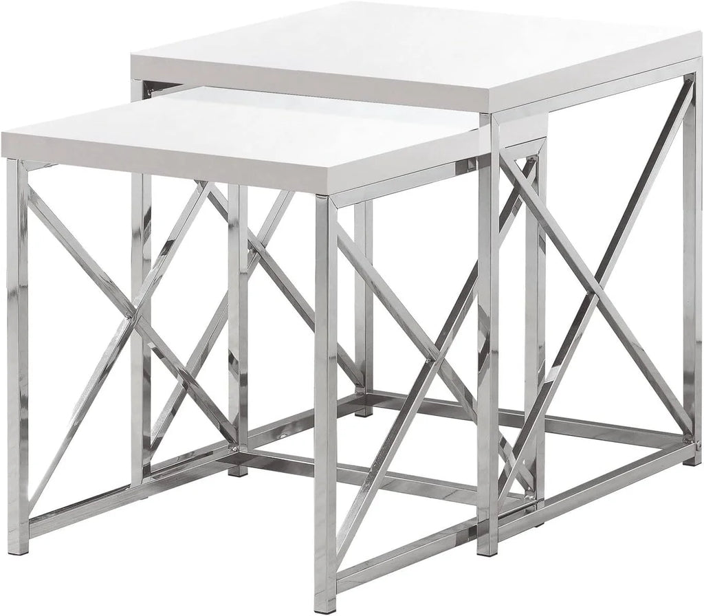 Glossy White Chrome Metal Nesting Table Set 2 Pcs R699