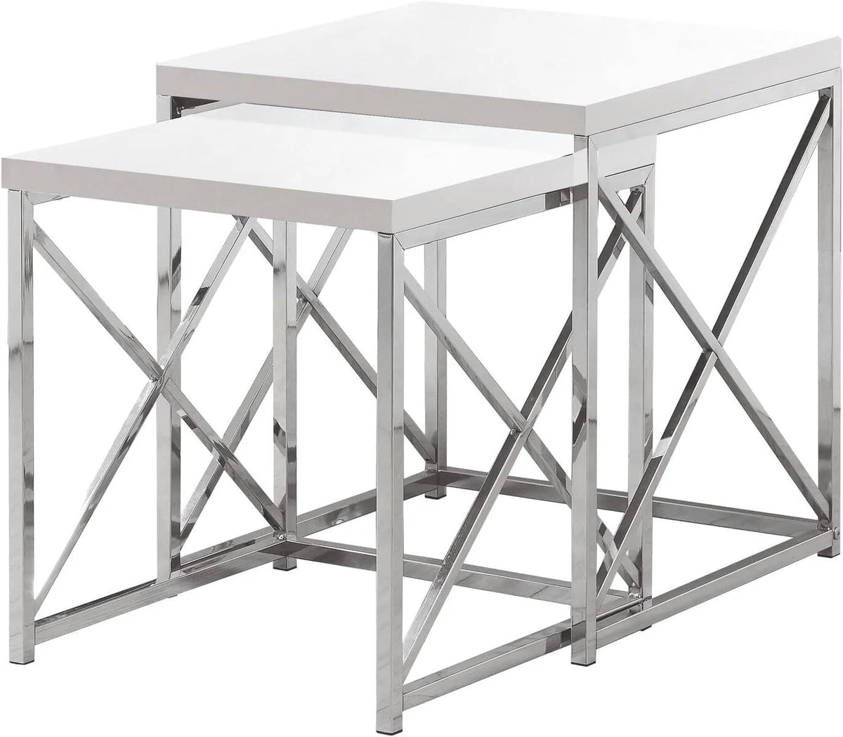 Glossy White Chrome Metal Nesting Table Set 2 Pcs R699