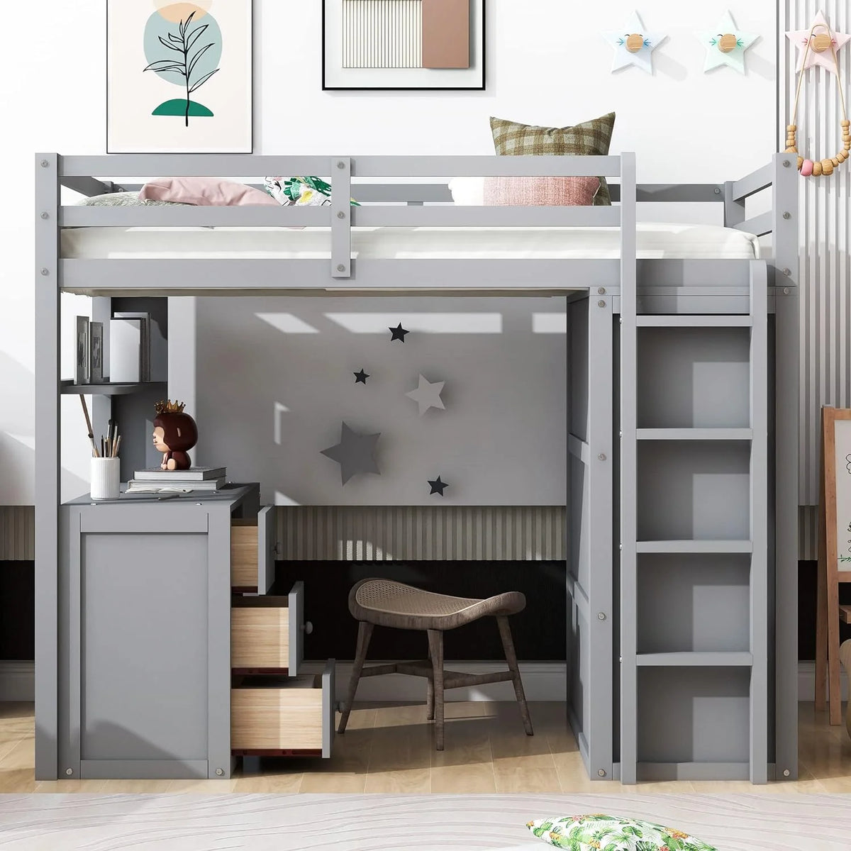 Solid Wood Loft Bed with Desk Wardrobe Storage Drawers A9358