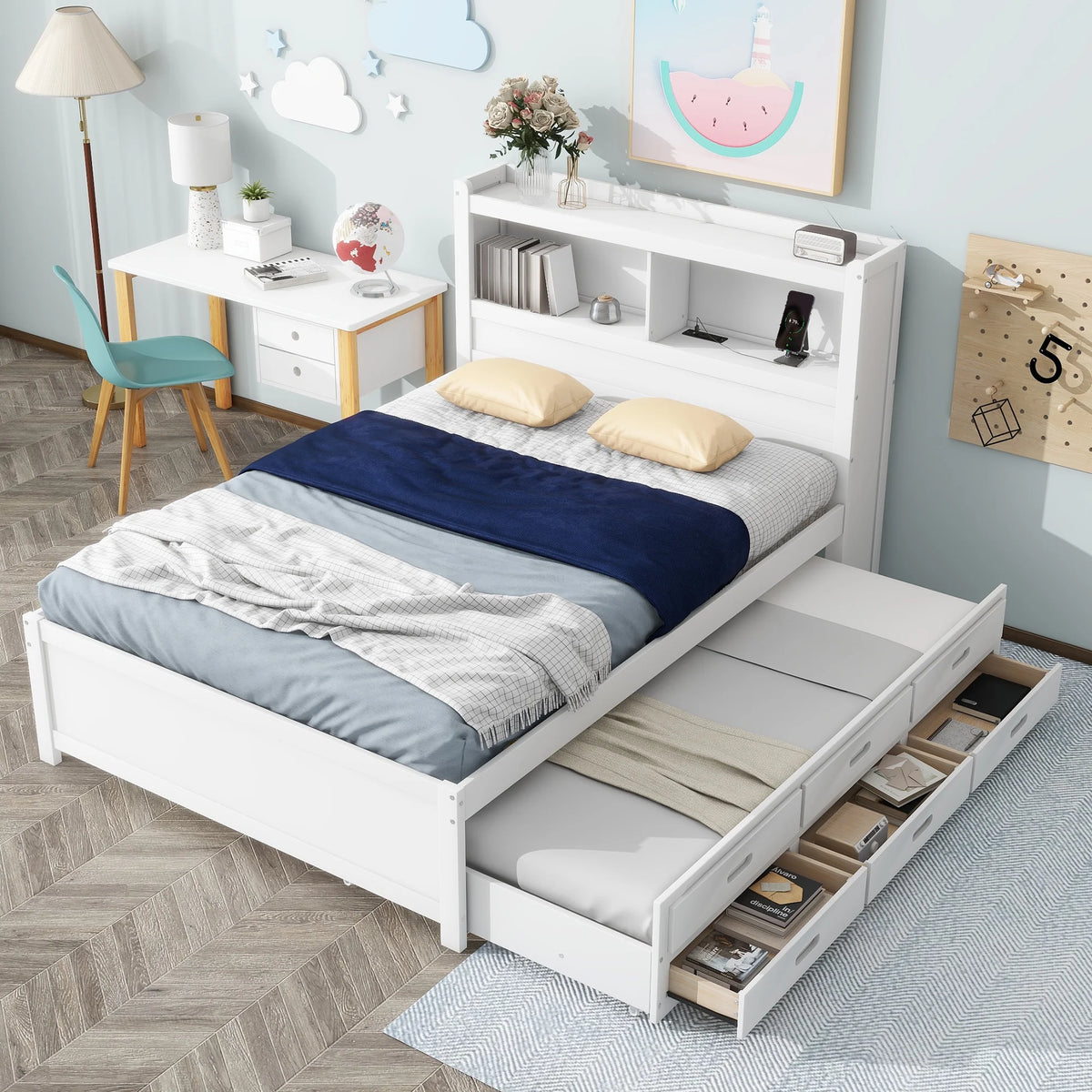 White Full Size Platform Bed with Trundle and Storage Drawers W778