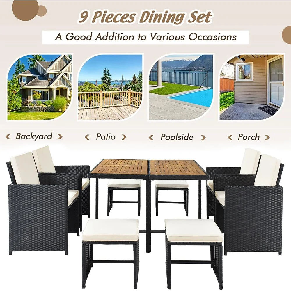 9 Piece Rattan Wicker Patio Dining Set with Ottoman J418454