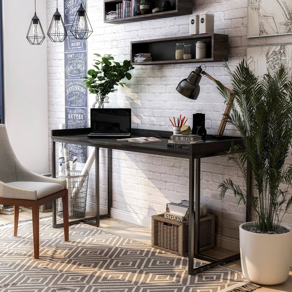 Black Industrial Computer Desk with USB Port E5984