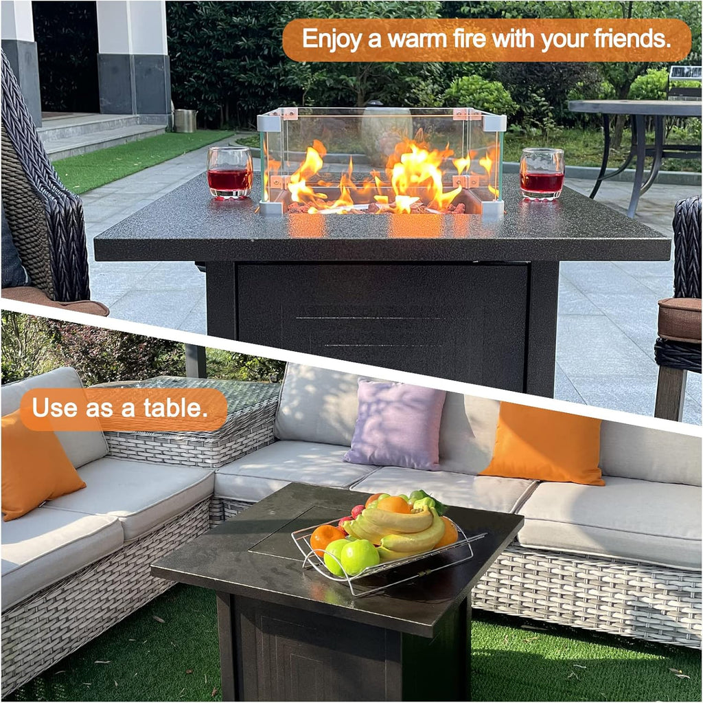 50000BTU Metal Propane Fire Pit Table with Glass Wind Guard and Lava Stone W478
