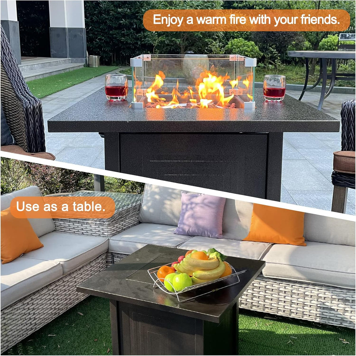 50000BTU Metal Propane Fire Pit Table with Glass Wind Guard and Lava Stone W478