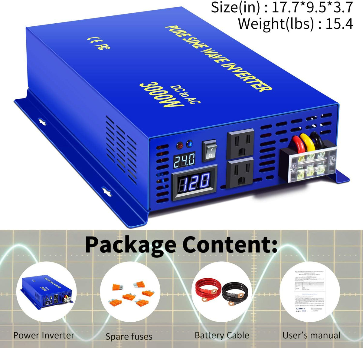 Pure Sine Wave Power Inverter 3000W 24V DC to AC 110V V4557